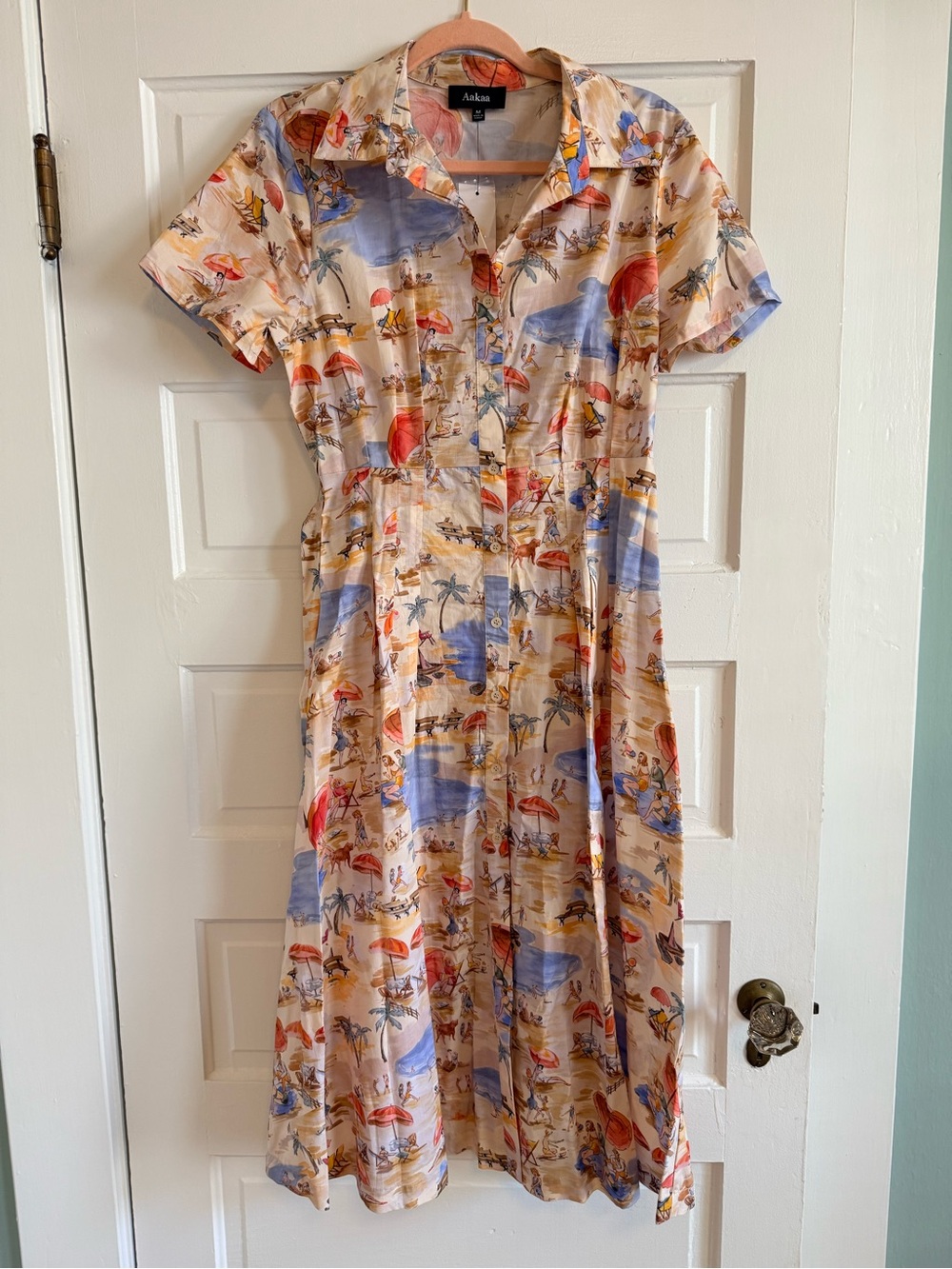 Aakaa Beach Print Midi Dress (Has Tie Belt)
